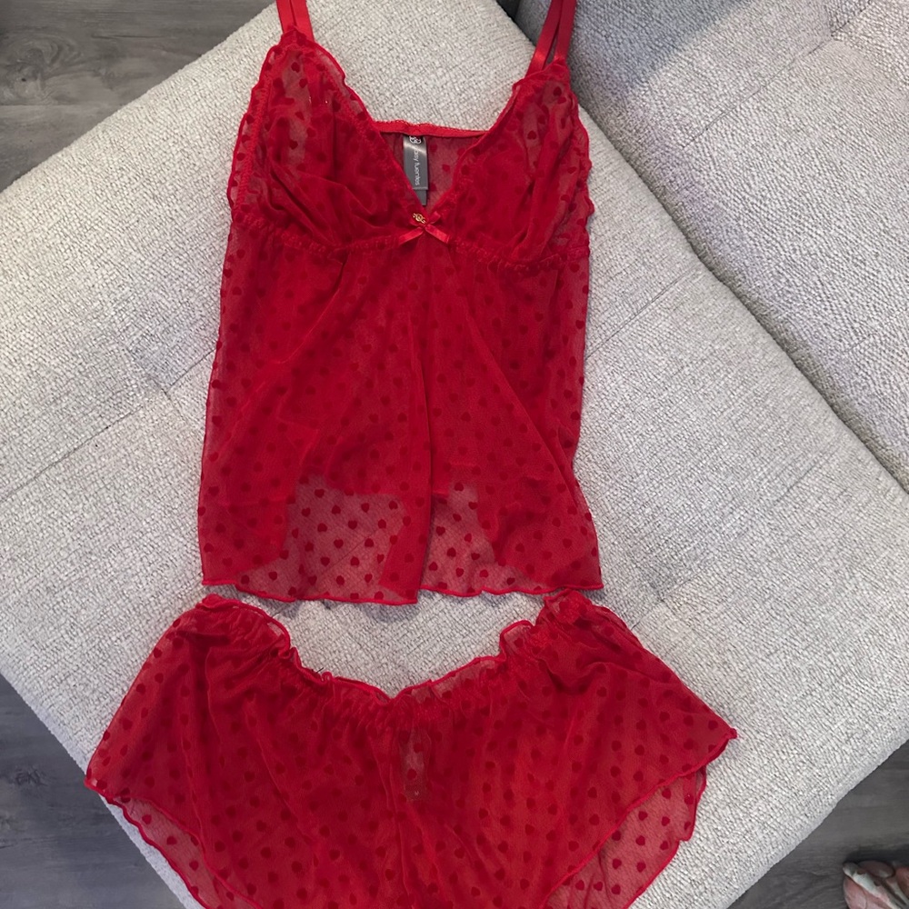 Daisy Fuentes Red Sheer Polka Dot Chemise Set